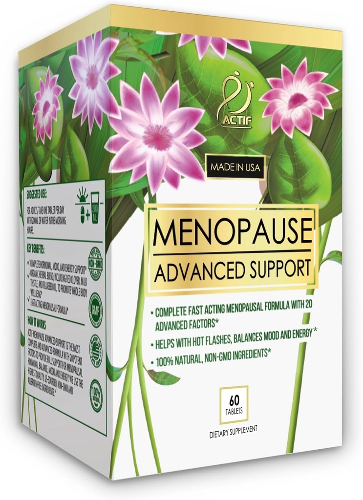 Actif Menopauze Advanced Support with 20+ Organic Vitamins and Herbs - Relives Hot Flashes, Night Sweats - Non GMO, Fast Acting, Made in USA, 60 Count