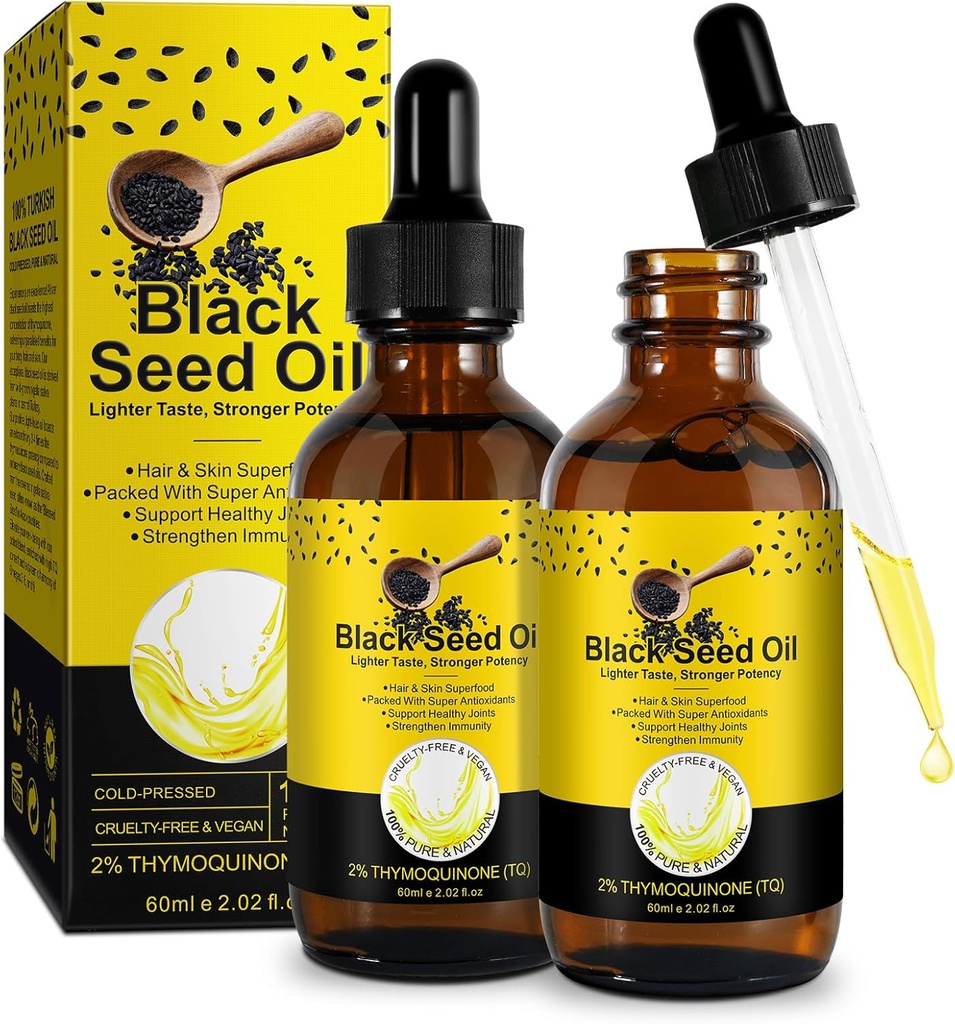 Black Seed Oil 2PACK, 100% Pure Black Seeds Oil Cold Pressed Ongeraffineerd, rijk aan vitamine D3, K2 & E, Black Seed Oil Supplement Drop for Immune Support, Non-GMO (2x60ml)