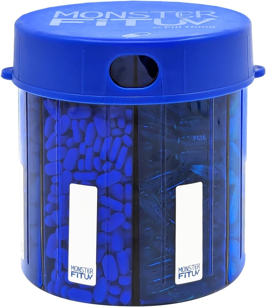 XL Supplement Pill Dispenser Fles, 7 Compartiment, Labels, Gemakkelijk Open, Anti-Mixing, UV-beschermde Organisator, Extra Large Maandelijks Vitamine, Monster Fit Medication Holder (Cobalt Blauw, Groot)