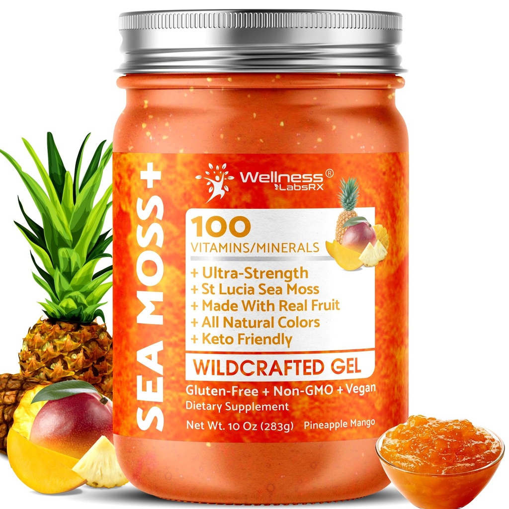 WELLESS LABSRX Irish Sea Moss Gel Raw - Wildcrafted Superfood Seamoss Gel - Ananas Mango Smaak, Vitamine en Mineral-Rich van Pristine Caribbean Waters - 10 oz.