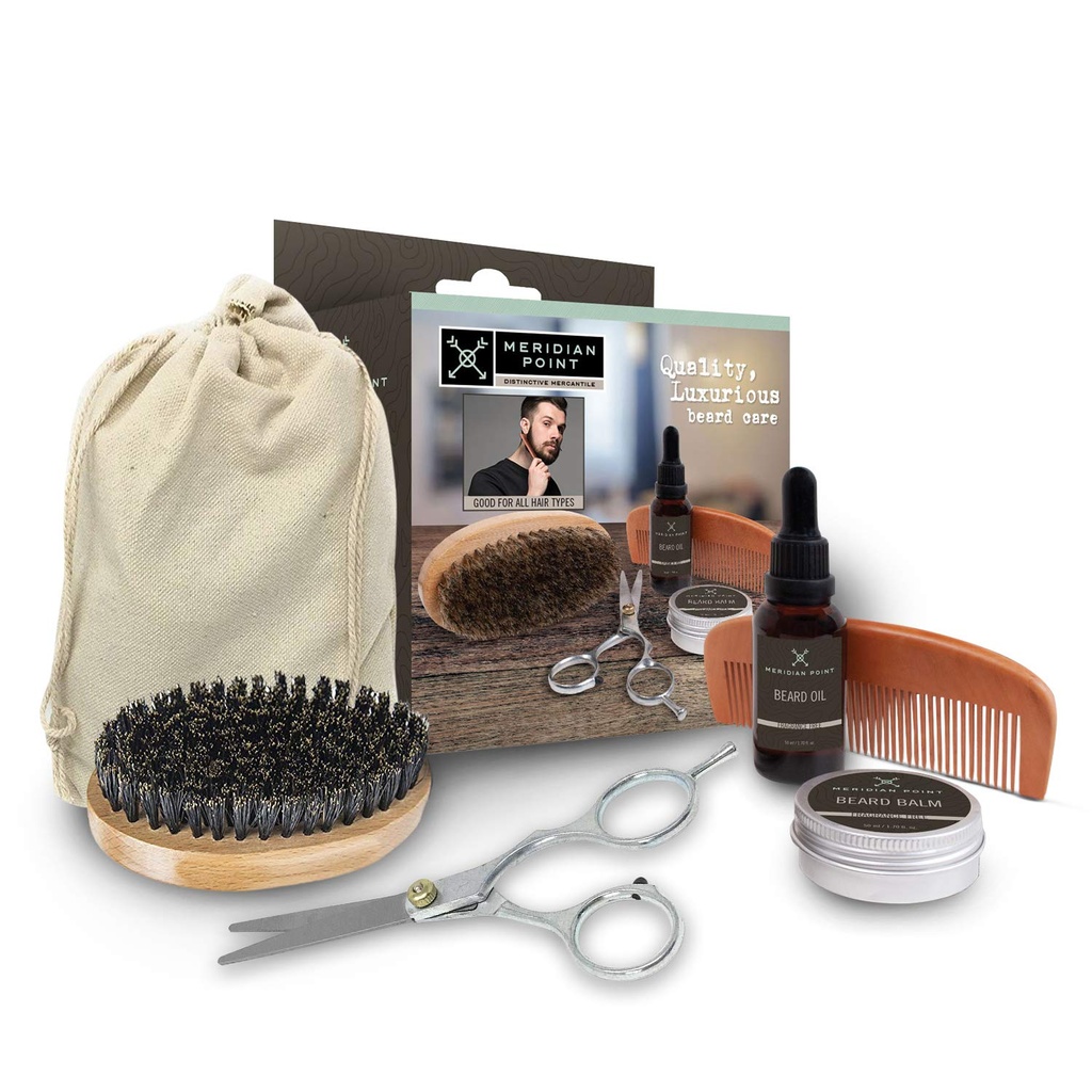 Baard Grooming Kit voor mannen Baard Care Kit Inclusief Accessoires - Unscented Natural Baard Balsem en Olie, Houten Comb en Boar Bristles Borstel, Roestvrij stalen schaar