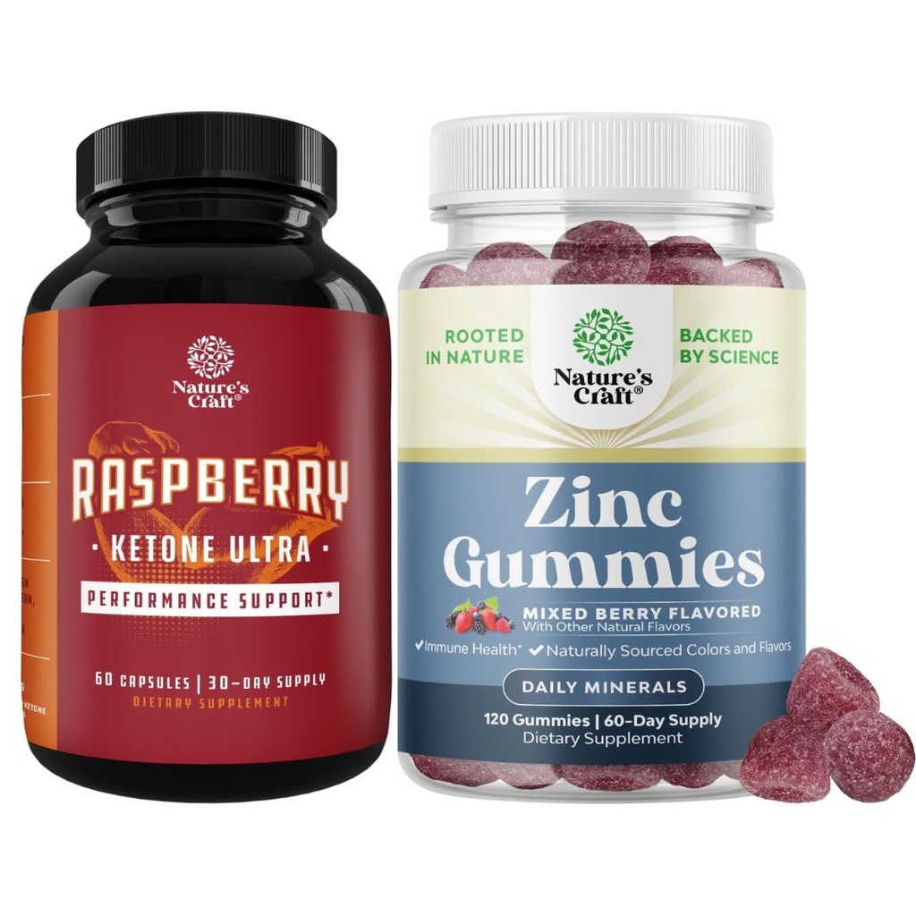 Bundel van Raspberry Ketonen, Groene Thee Extract & Afrikaanse Mango Blend en extra sterkte zink Gummies voor volwassenen - Krachtige ingrediënten om gewichtsverlies, gluten en gelatine vrij te versnellen