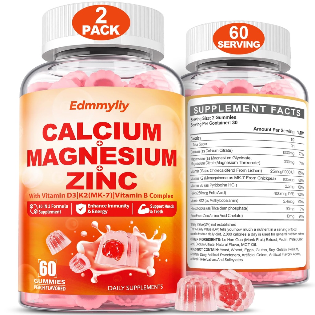 Calcium Magnesium Zink Supplement Gummies met vitamine D3 K2 & B Complex voor vrouwen Mannen 1000mg Calcium citraat met Magnesium Gummies voor bot, spieren & Immune Support, Suikervrij, Veganistisch