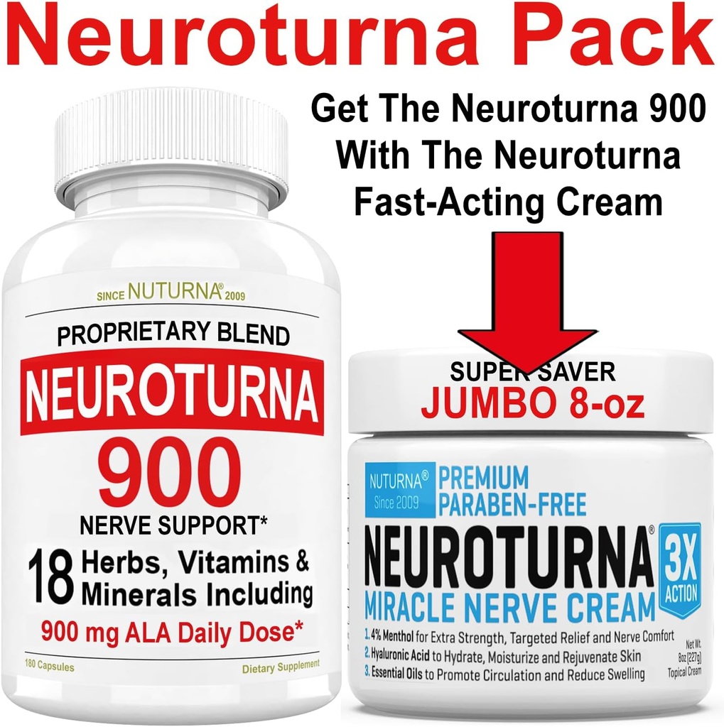 Nerve Relief Cream 8 oz Plus Neuroturna Zenuw Ondersteuning 900 mg ALA Ondersteuning