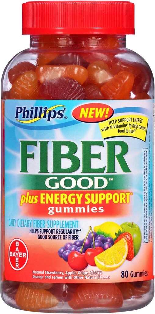 Phillips' Fiber Good Gummies Plus energie ondersteuning vezelsupplement (80-Telling fles)