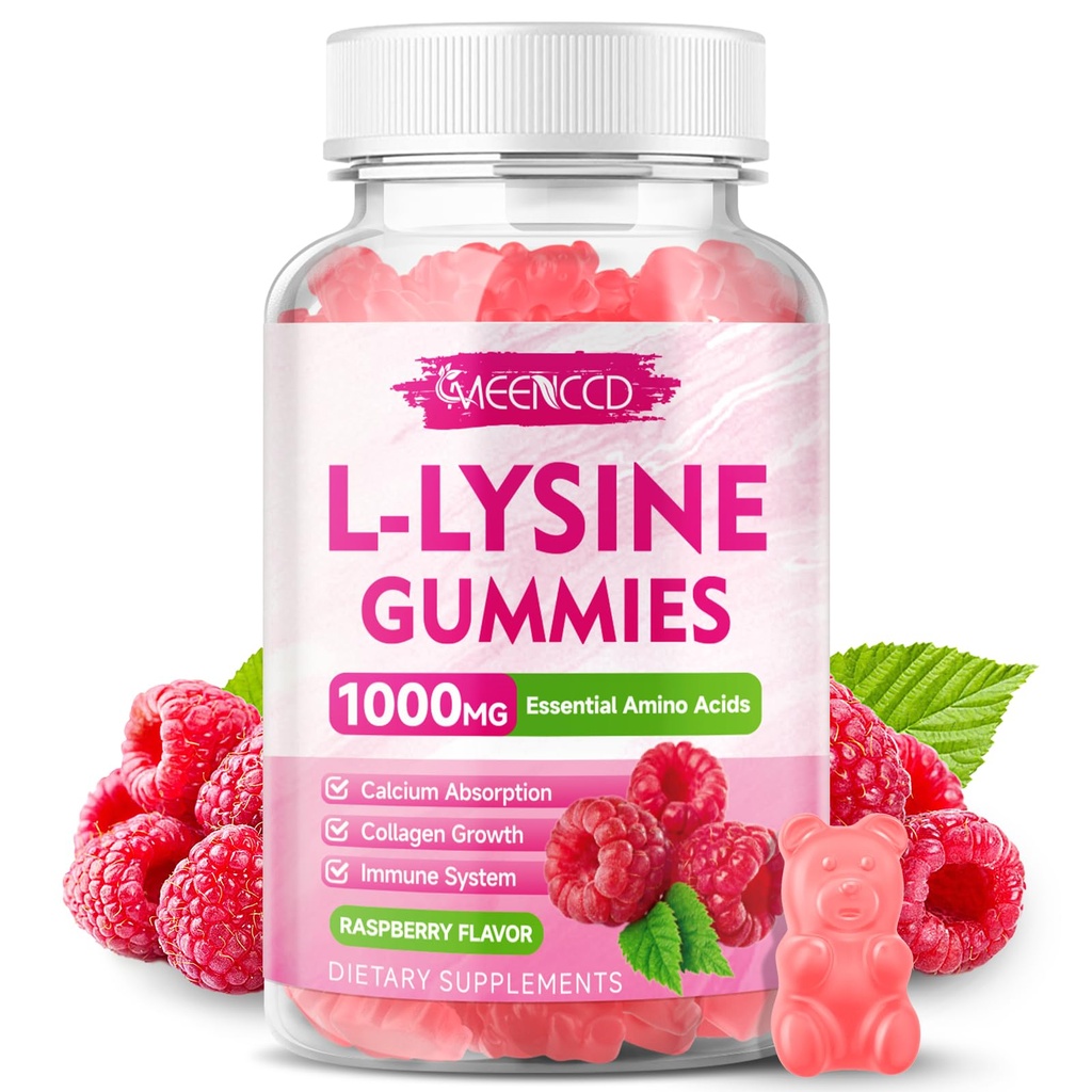 L-Lysine 1000mg Gummies, Lysine Supplement voor volwassenen en kinderen, essentiële Aminozuur Supplement voor Lippen & Oral Health, Boost Immune & Collageen & Calcium, Sugar-Free, Raspberry Flavor, 60 Tel.