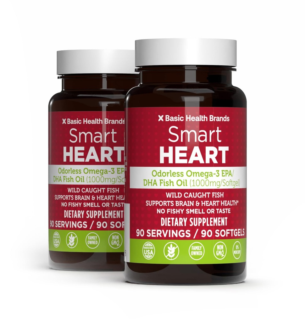 Basismerken Smart Heart Odorless Omega-3 Fish Oil 1000mg - Triple Strength EPA & DHA, Non-GMO, Heart & Cognitive Support - 90 Burpless Softgels - 2-pack
