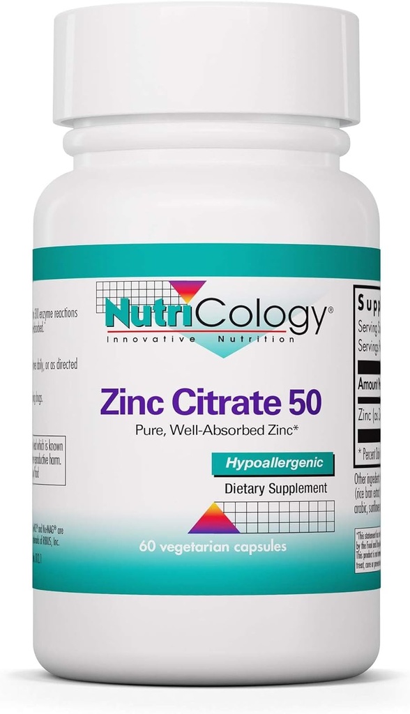 Nutricologie Zink citraat Supplement - Zink voor mannen en vrouwen, Immune Support, Pure, Well-Absorbed, Well-Tolated, Trace Mineral, 50mg Vegetarische Capsules - 60 Tellen