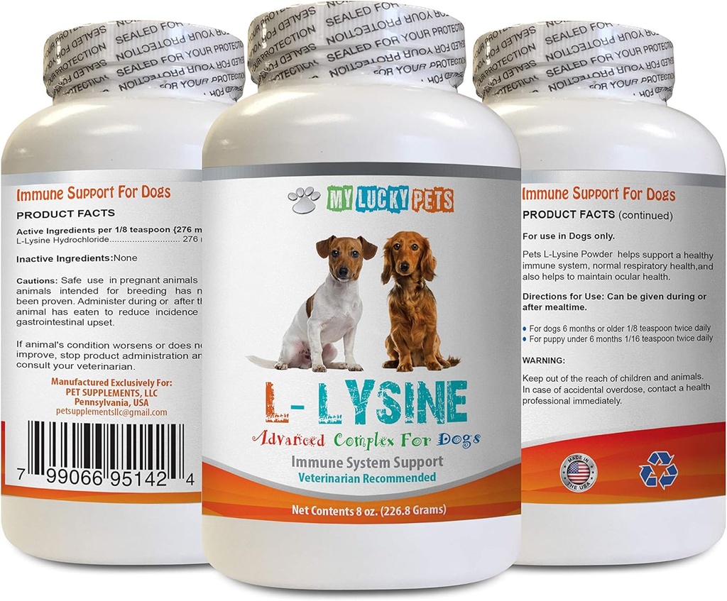 Hond Aminozuur Supplementen - Honden LYSINE Powder - Pure Powder Form - Immuun Systeem Ondersteuning - Vet Aanbevolen - lysine Honden - 1 Fles (8oz 226,8 Gram)
