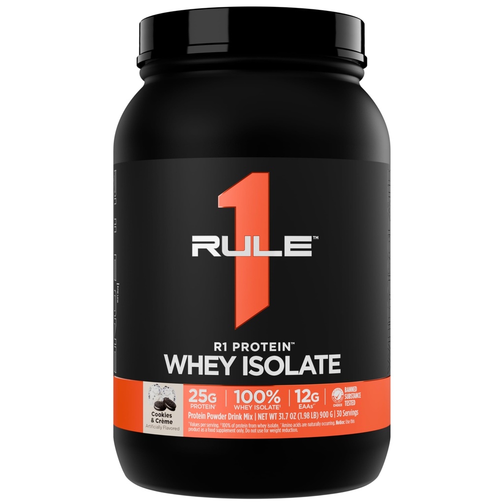 Artikel 1 R1 Proteïne Wei-isolaat - met 25 g eiwit & 6 g BCAA uitsluitend afkomstig van geïsoleerde en gehydrolyseerde bronnen voor workoutherstel (2 pond*, cookies & Crème)