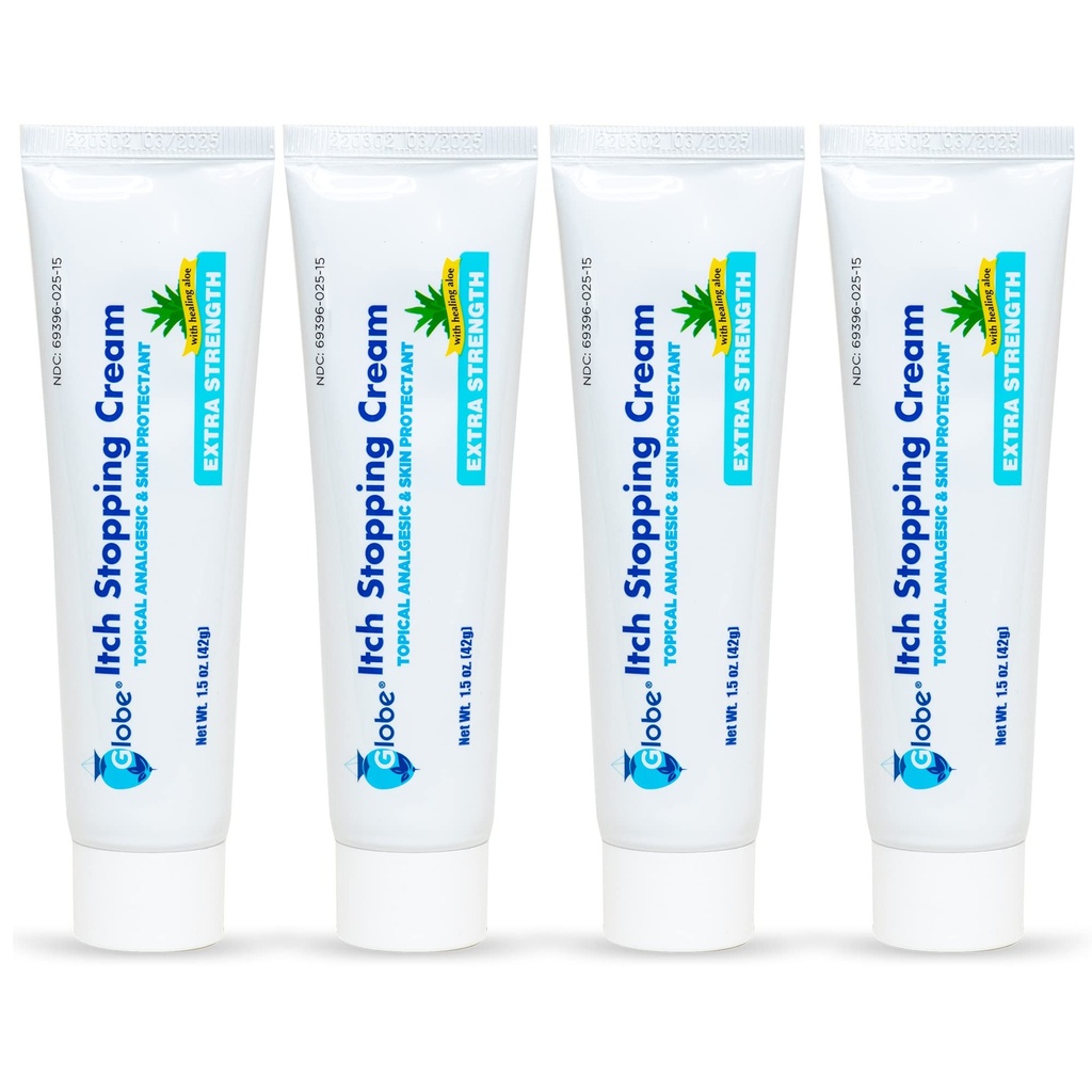 (4 Pack) Globe Extra sterkte jeuk Stoppen Anti-Itch Cream 1,5 Oz met histamineblokker, difenhydramine HCl Topische Analgetische en zinkacetaat huidbescherming voor verlichting van de meeste buiten jeuk