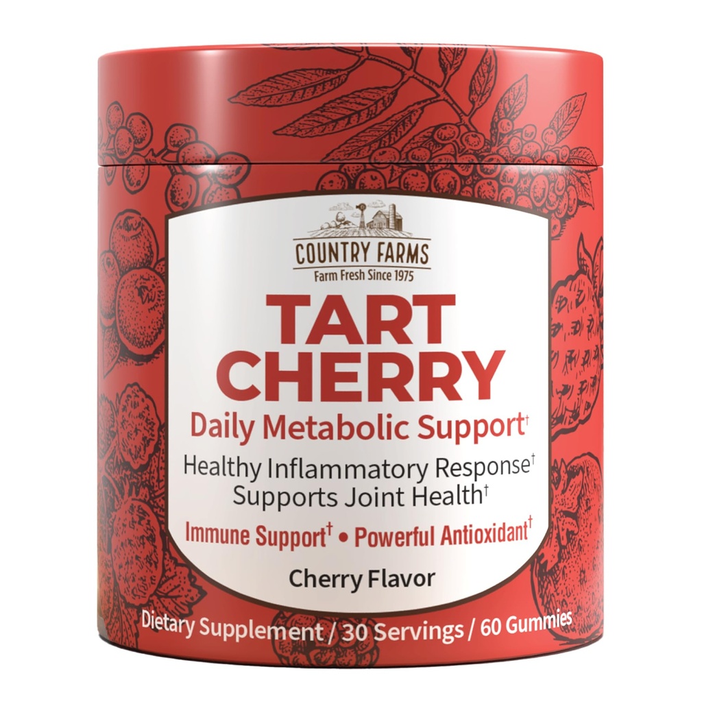 Country Farms Tart Cherry Gummies, Dialy Metabolic Support, Supports Bone Health, Packed with Potent Antioxidants, Cherry Flavor, 60 Gummies