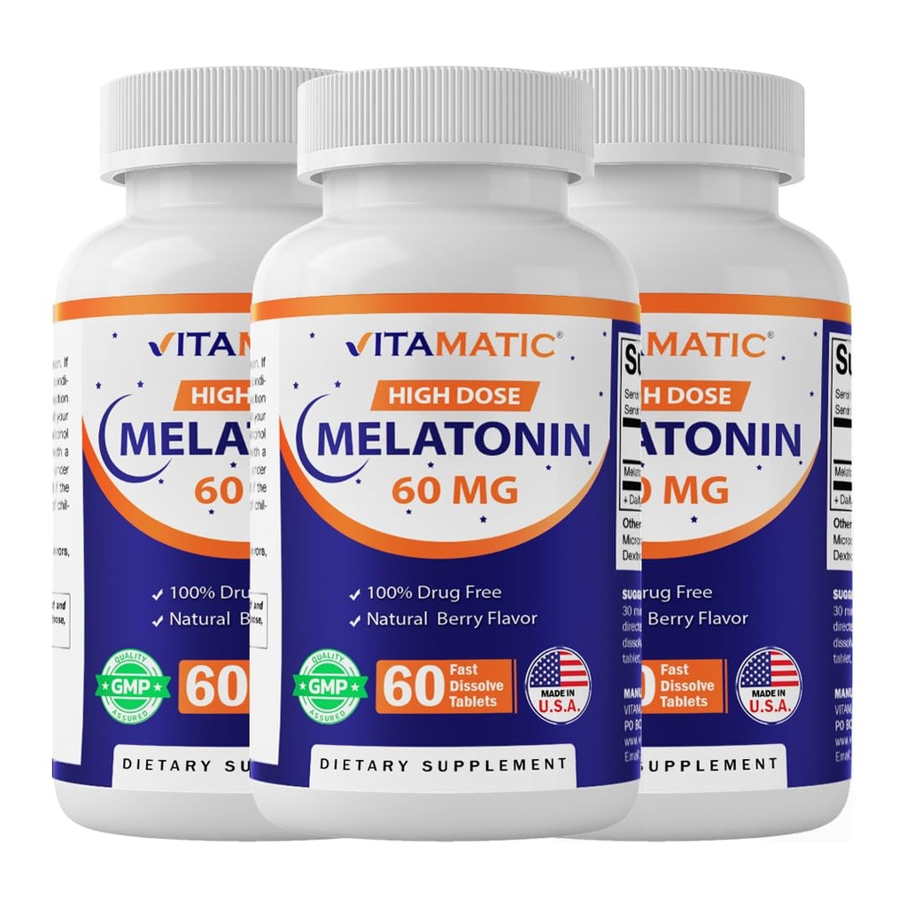 Vitamatic Melatonine 60 mg Fast Solution Tablets - 60 Vegan Natural Berry Flavor Tablets - Non-Habit Forming - Non-GMO, Glutenvrij (3 flessen)