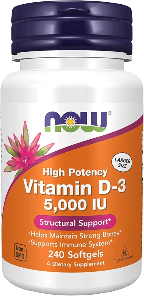 NOW Supplementen, Vitamine D-3 5000 IE, Hoge Potentie, Structurele Ondersteuning*, 240 Softgels met Wereldwijde Voedingssleutelhanger