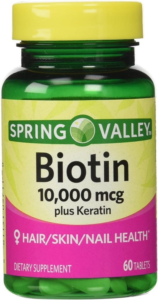 Spring Valley Biotin Dieetsupplement, 10.000 Mg met 100 Mg Keratine, 60 tabletten