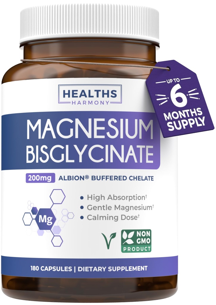 Hoge Absorptie Magnesium Bisglycinate Capsules - Klinisch gevalideerde Gebufferde en Chelated Magnesium Supplement - 1 Dagelijkse Vegan Capsule met Lab Verified Gentle 200mg Serveer (6 maanden supply)