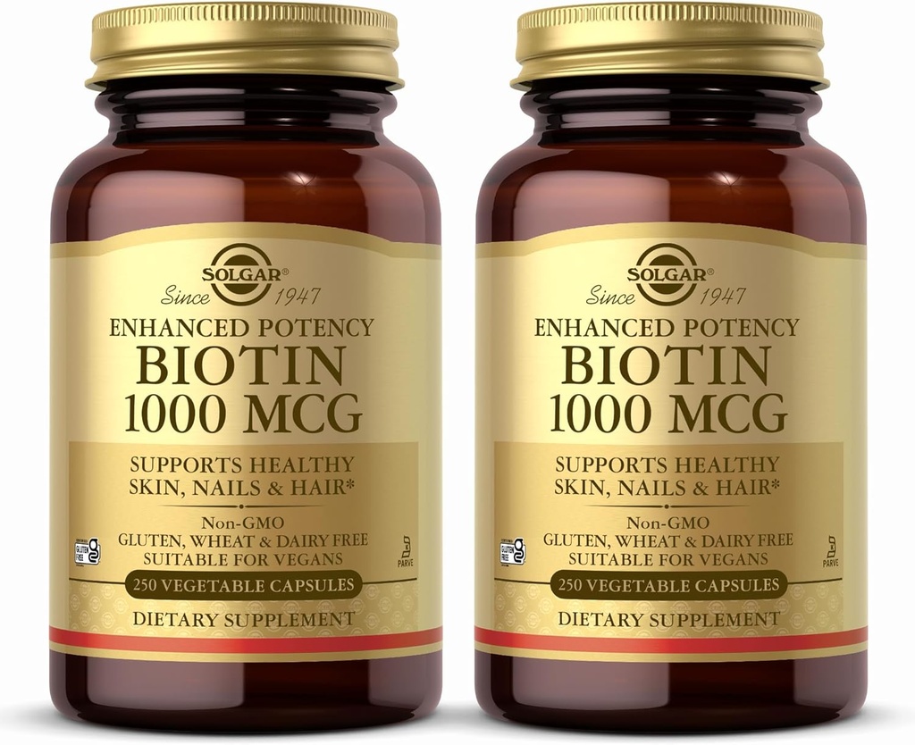 Solgar Biotin 1000 mcg, 250 plantaardige capsules (verpakking 2) - Ondersteunt gezonde huid, nagels en haren - Energie Metabolisme - Verbeterde sterkte - Niet-GMO, Veganistisch, Glutenvrij, Zuivelvrij, Kosjer - 500 porties