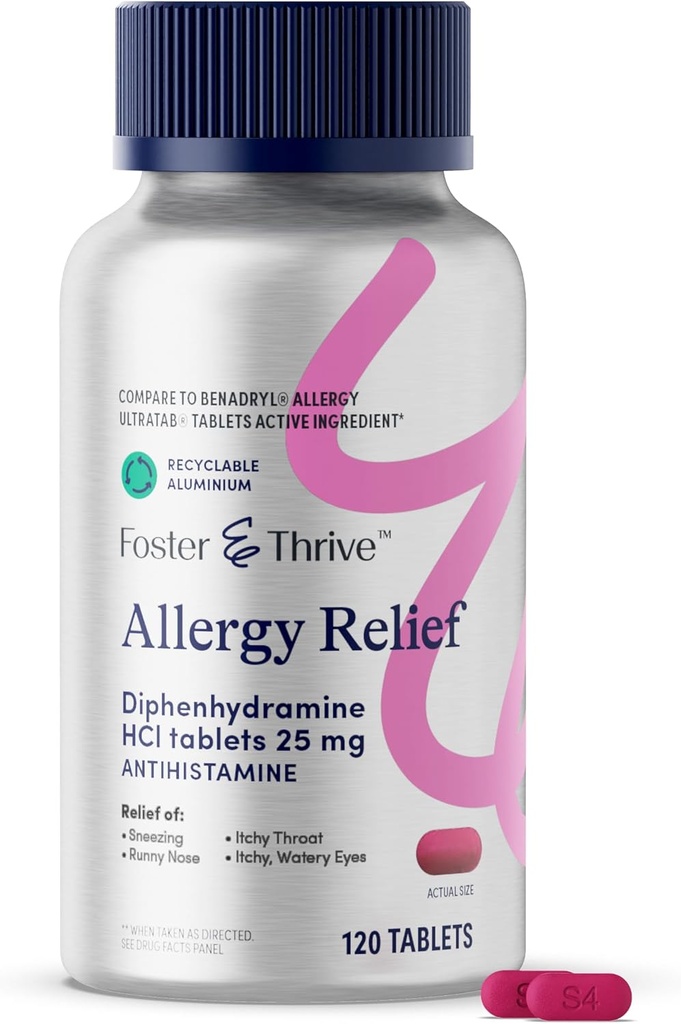 Foster & Thrive Difenhydramine 25mg Allergie Relief for Seasonal Allergies, Itchy Watery Eyes, Sneezing, Runny Neus, Snelwerkende Antihistamine Medicine voor kinderen en volwassenen