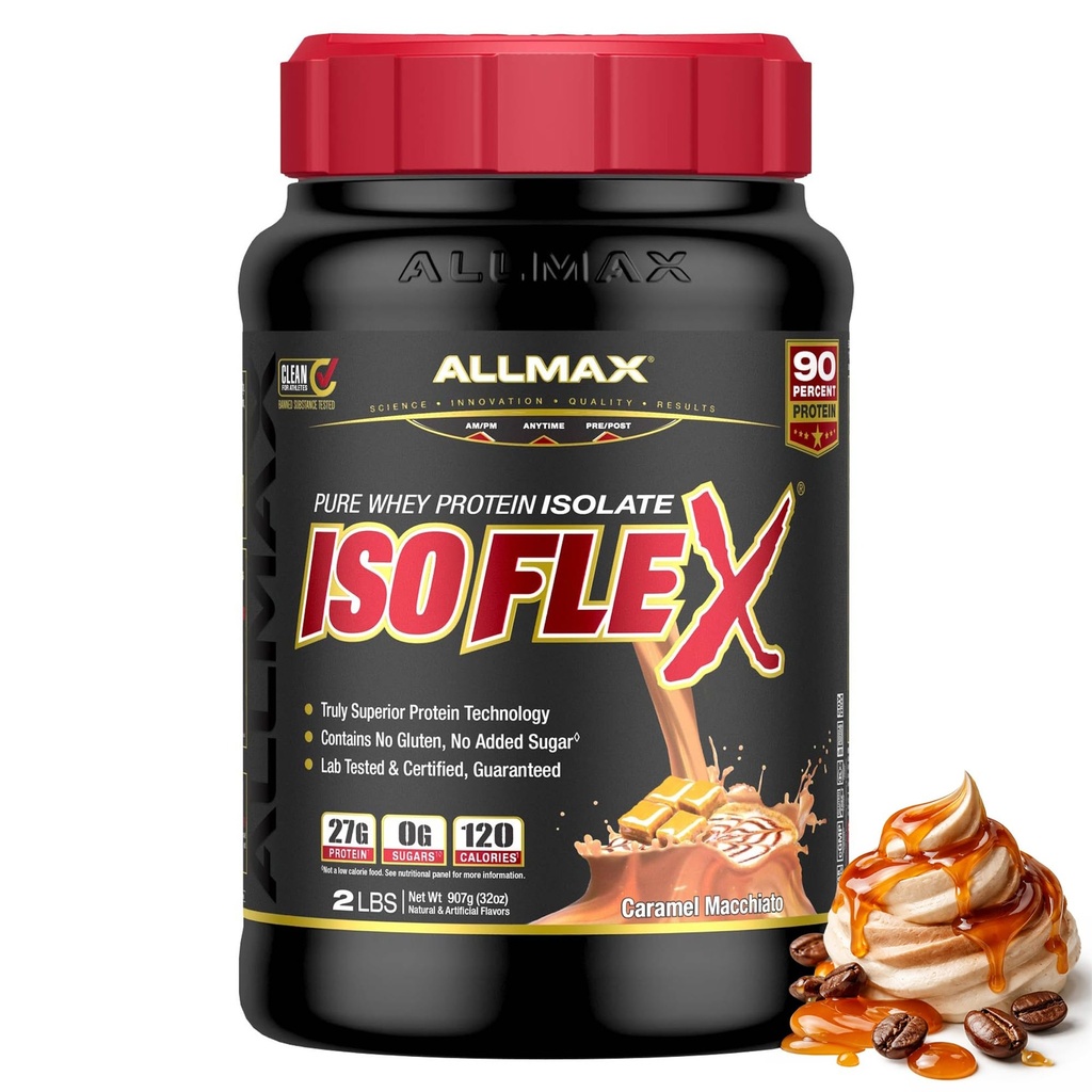 ALLMAX Nutrition ISOFLEX Wei-eiwitisolaat, caramel Macchiato - 2 lb - 27 gram eiwit per scoop - nulvet en suiker - 99% lactosevrij - glutenvrij en sojavrij - bij benadering 30 porties