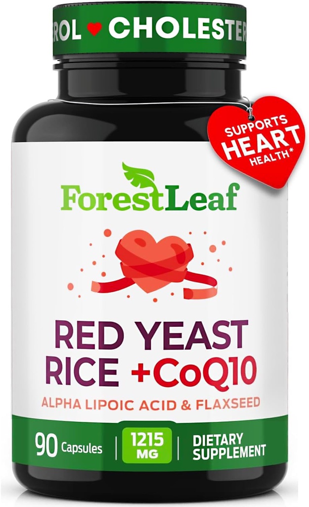 Rode Gist Rijst 1215 mg. Capsules - Extra sterkte Rode Rice Gist met CoQ10 Supplement, Plus Alpha Lipoïnezuur & Organische Vlaszaad, Citrinine Vrij, Ondersteunt Cardiovasculaire Gezondheid, Niet-GMO 90 Veggie Caps