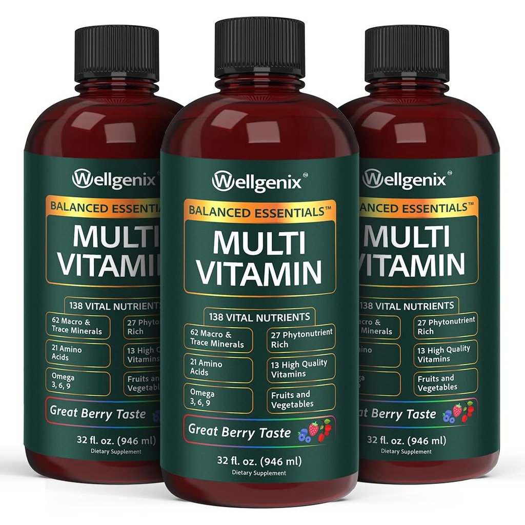 Wellgenix Balanced Essentials Plus New Formula - Liquid Vitamin - Complete Multivitamine Supplement - 1oz Dagelijks - Immune Boosting & Overall Health - Volwassenen, Kinderen, peuters - Berry Flavor 32oz (3)