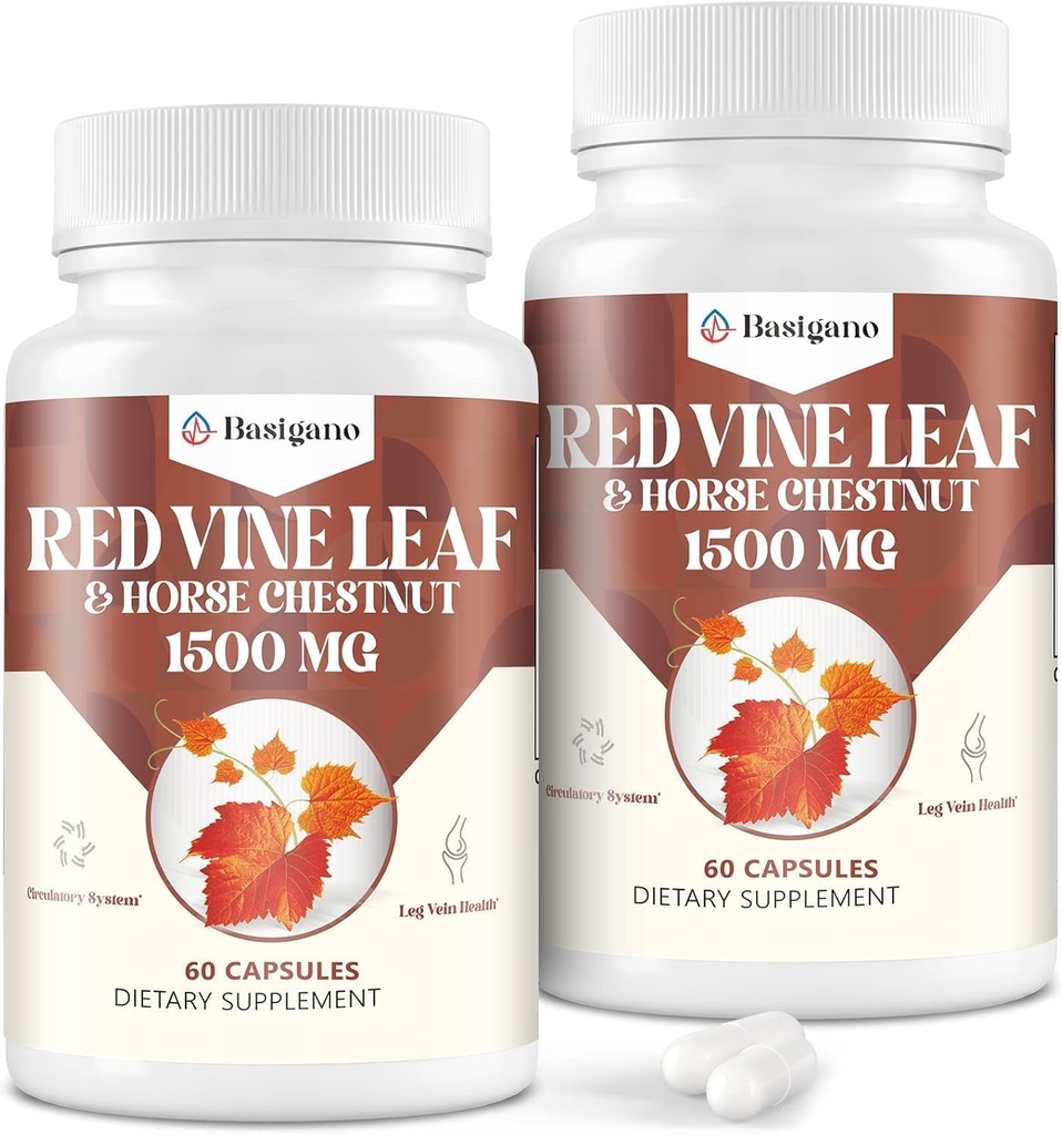 Red Vine Leaf & Horse Chestnut Extract Capsule Supplementen (Vitis Vinifera) 1500mg -Premium Extract voor gezonde vetes, Circulatie, Hart, Huid (2 Pack)
