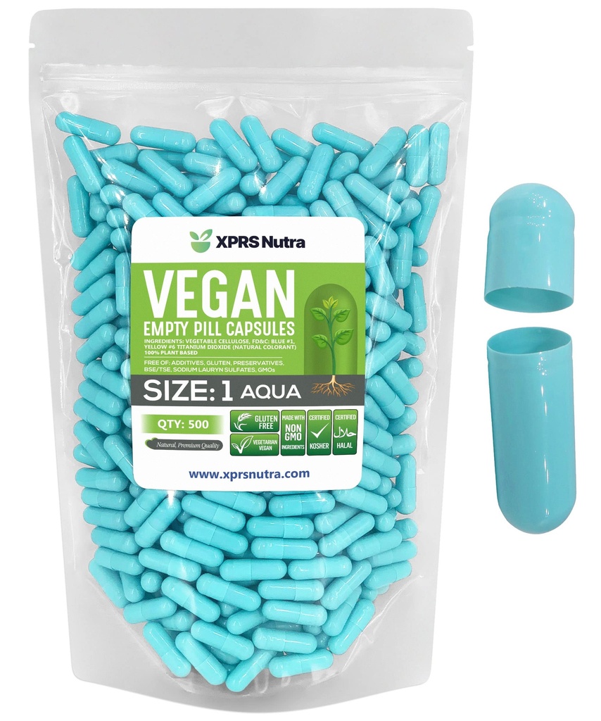 XPRS Nutra Maat 1 Lege Capsules - 500 Graaf Lege Vegan Capsules - Vegetarische Pillen DIY Plantaardige Capsule Vegetarische Pill Caps voor Do-It-Yourself Supplements (Aqua)