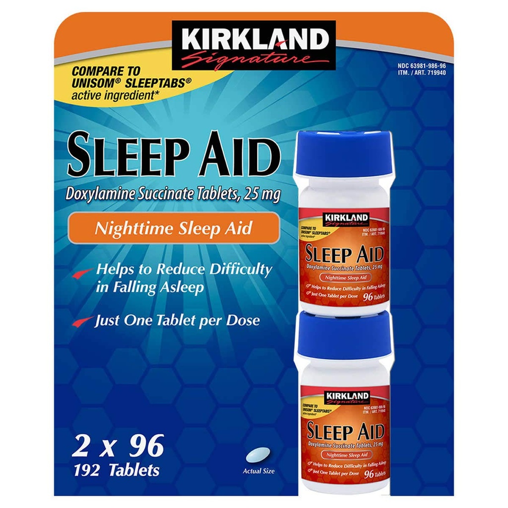 Cos7 Kirkland Signature Doxylamine Succinate Tablets ,25mg Nighttime Slap AID - 2 X 96 Tablets (192 Tablets Totaal)