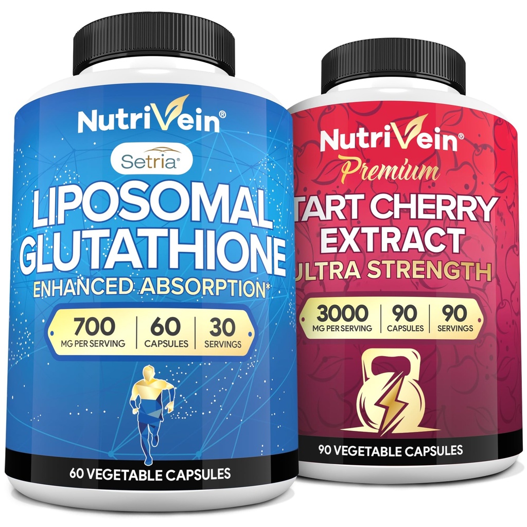 Nutrivein Premium Liposomal Glutathione Supplement & Tart Cherry Capsules Bundle: High-Absorption Glutathione Liposomal Supplement & Tart Cherry Extract Capsules for Detox, Recovery, & Defenses