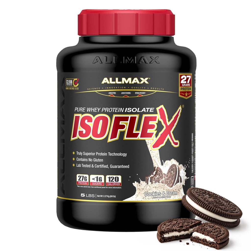 ALLMAX ISOFLEX Pure Whey Isolate Protein Powder - Gluten Free, Low Lactose, Sugar-Free - High-Protein, Clean, Keto-Friendly for Pre Post Workout Supplement for Women and Men | Cookies & Cream, 5lb