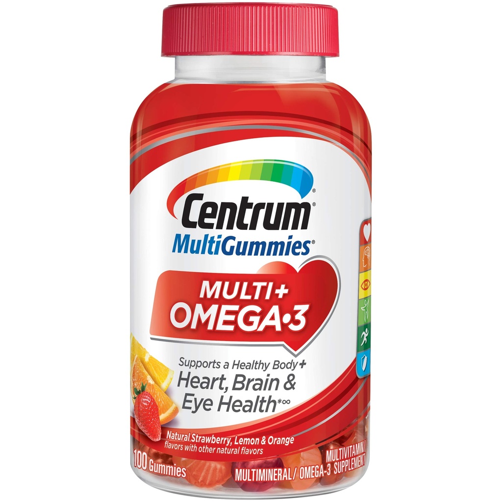 Centrum MultiGummies Omega 3 Gummy Multivitamine voor volwassenen, Multivitamine/Multimineral Supplement, Aardbei/Citroen/Orange Smaken - 100 Tel.
