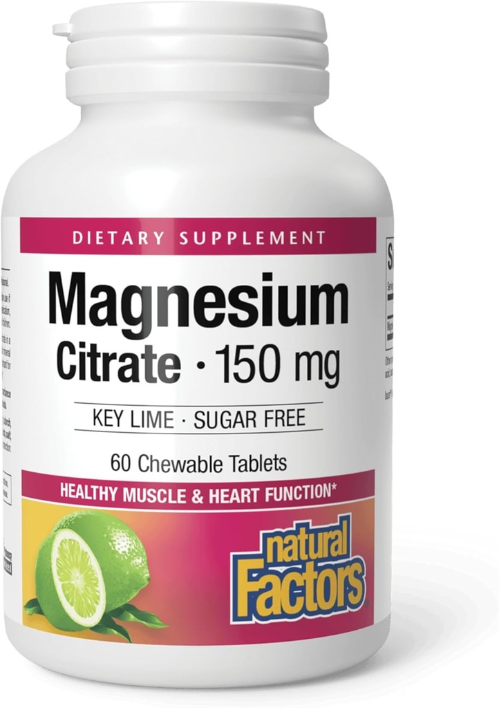 Natuurlijke factoren Magnesium citraat, 150 mg, Kauwtabletten, Ondersteunt nerve, spier en hart functie, Key Lime, Suikervrij, 60 Tellen