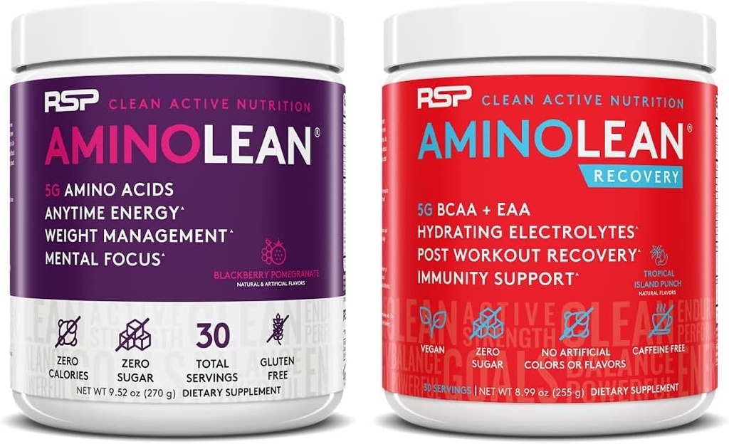RSP NUTRITION AminoLean Pre Workout Energy (BlackBerry granaatappel 30 porties) met AminoLean Recovery Post Workout Boost (Tropical Island Punch 30 porties)