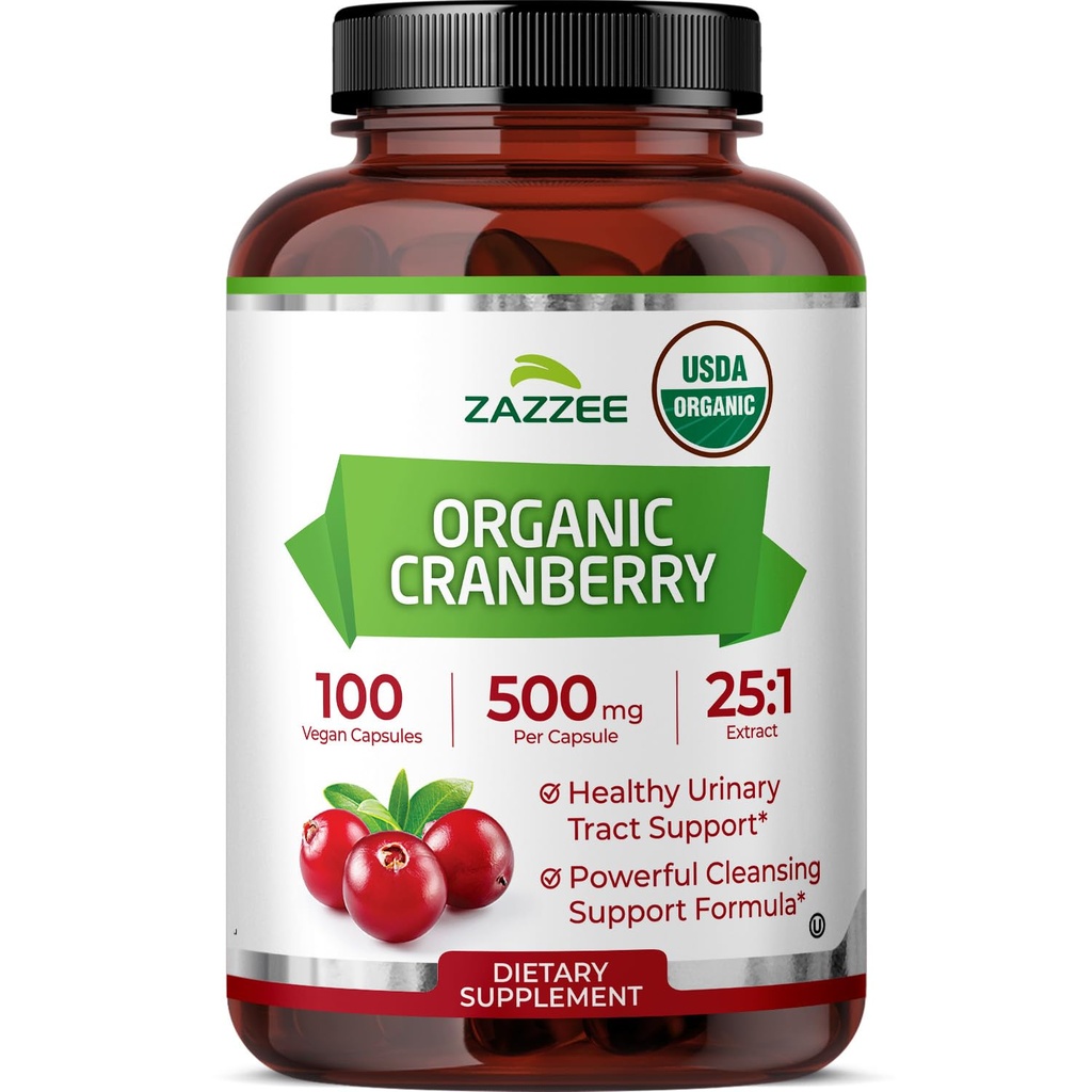Zazzee USDA Biologische Cranberry 25:1 Extract, 500 mg per capsule, 100 Vegan Capsules, Meer dan 3 maanden Supply, Gestandaardiseerd, Geconcentreerd 25X Extract, 100% Vegetarisch, Gecertificeerde Biologische, Niet-GMO All-Natural