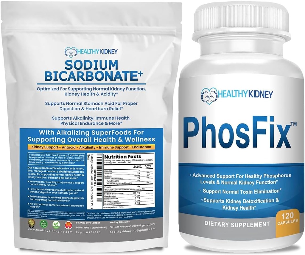 Organic Sodium Bicarbonate Alkaline Supplement Bundle 2LB Powder for Alkalinity, Kidney & Acid Support + PhosFix 120 Pills Phosphorus Binder for Healthy Phosphorus Levels & Kidney Health Renal Support