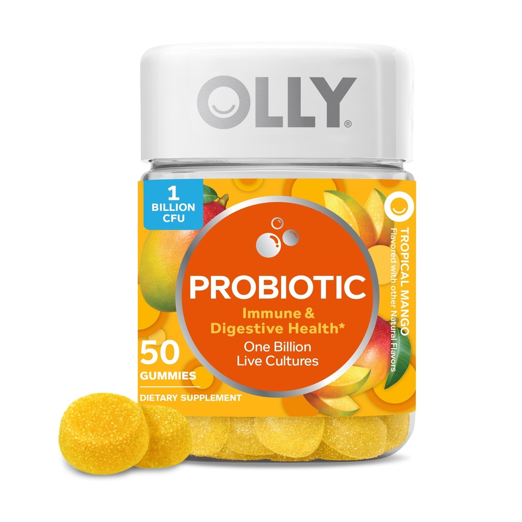 OLLY Probiotische Gummy, Immune en Digestieve Ondersteuning, 1 miljard CFU, Kauwbare Probiotische Supplement, Mango, 25 dagen levering - 50 Tellen
