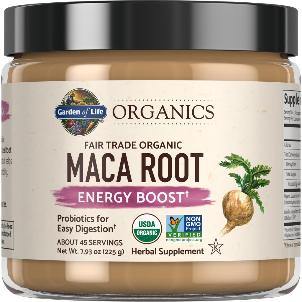 Garden of Life Organics Fair Trade Gelatiniseerd Peruaanse Maca Root Energy Boost 7,93 oz (225g) Poeder met Probiotica, Certified Organic, Non-GMO, Vegan & Gluten Gratis Kruidensupplementen