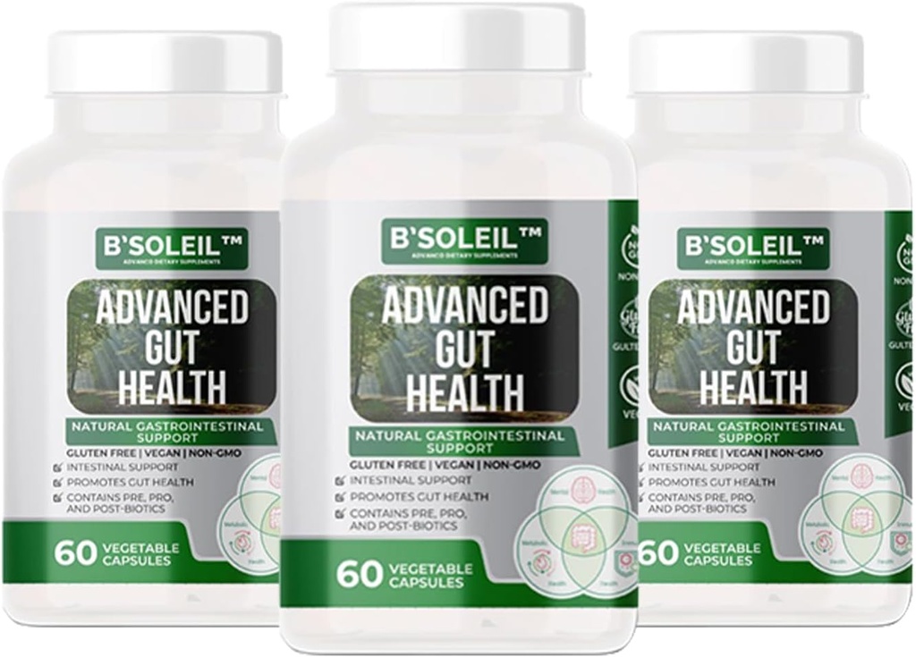 B’Soleil™ Pack of 3 Advanced Gut Health Probiotics - Pre, Pro & Post Biotics - Natural Gastrointestinal Support - Gluten Free, Vegan & Non-GMO - 25 Billion CFU - 60 Capsules in Each Pack