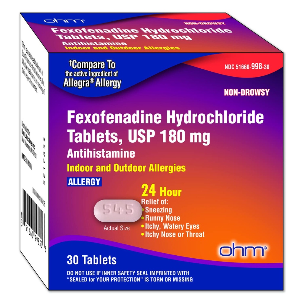 Ohm Non-Drowsy Fexofenadine Antihistamine Indoor Outdoor Allergie Relief Tablets 30ct