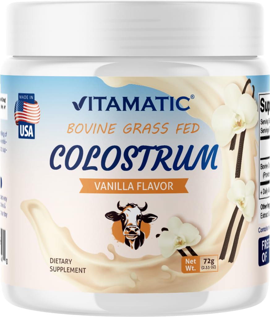 Vitamatic Bovine Colostrum 30% IgG Powder - Supplement for Gut Health, Hair Growth, Beauty, Muscle Recovery, & Immune Support - Easy to Mix - 72 Gram (30 Serves, Vanilla Flavor)