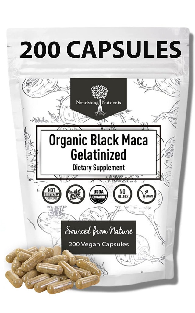 Organic Gelatinized Black Maca – 3X Stronger 200 Capsules for Men & Women, Natural Energy Supplement for Focus, Performance, Stamina & Endurance, Mood Enhancement and Stability, Mental Clarity 1000mg