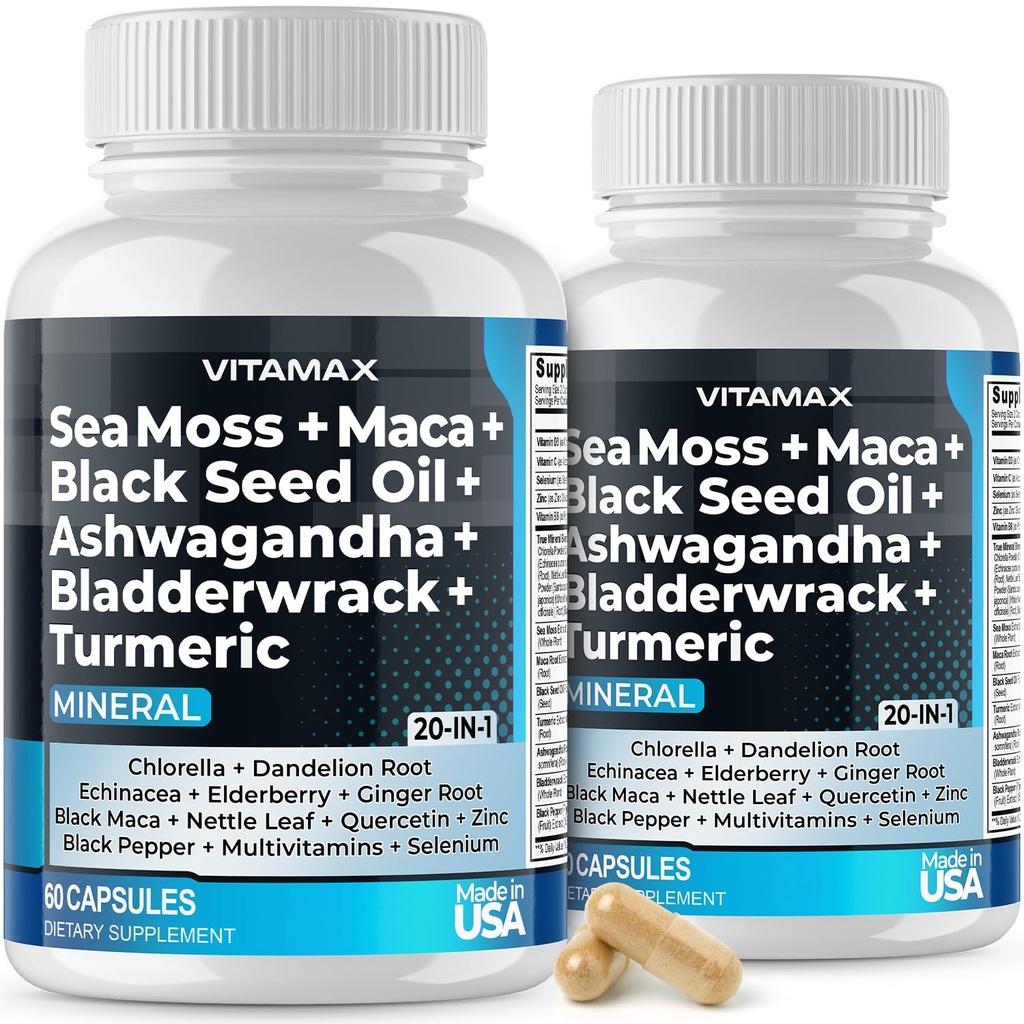 Sea Moss, Maca, Black Seed Oil, Ashwagandha, Bladderwrack, Kurkuma - Vlierbes, Vitaminen C & D3, Dandelion & Black Pepper - Made in USA- 120ct