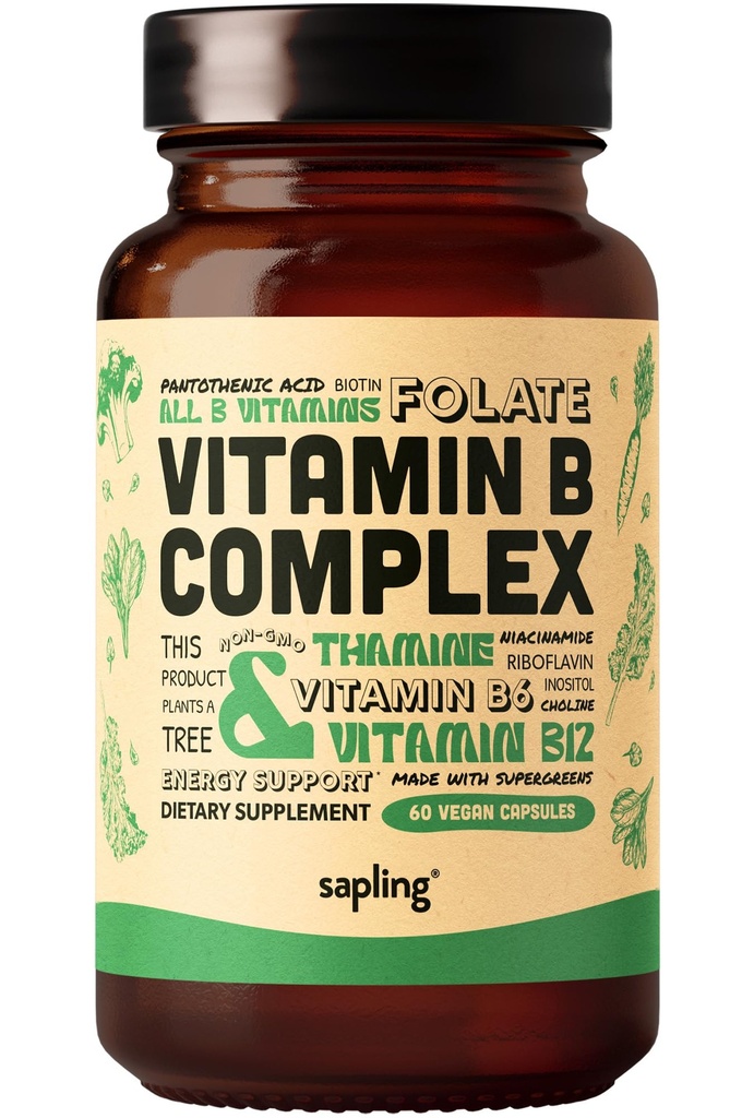 sapling Vegan Vitamin B Complex - Whole Food Blend with Essential B Vitamins B1, B2, B3, B5, B6, B7, Folaat, B12-60 Caps