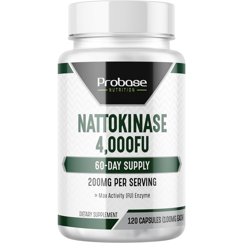 Probase Nutrition Nattokinase Supplement 4.000 FU Servings, 120 Capsules (afkomstig van Japanse Natto) Systemische Enzymen voor Cardiovasculaire en Circulatoire Ondersteuning