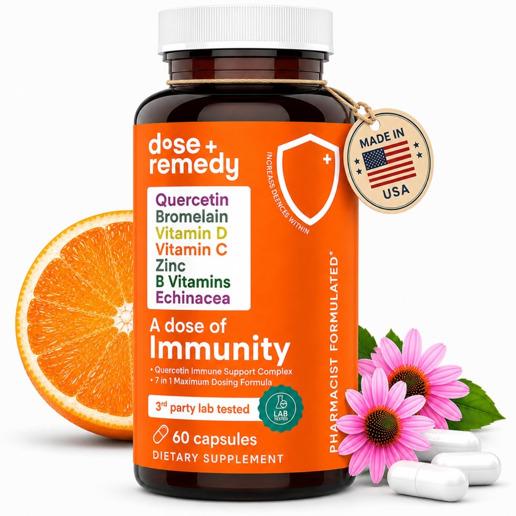 Een dosis Immuniteit quercetine met vitamine C en zink, vitamine D, 500 mg quercetine bromelaïne met Echinacea & B vitamines, Lung Immuun Support Supplement 7 in 1 Immunity Defense Booster (60 telling)