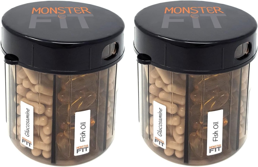 Monster Supplement Medication Pill Dispenser met Compartiment Labels - Extra grote pil container fles handvat bijna elk supplement - gemakkelijk te verwijderen (monster Fit - 2 Pack)