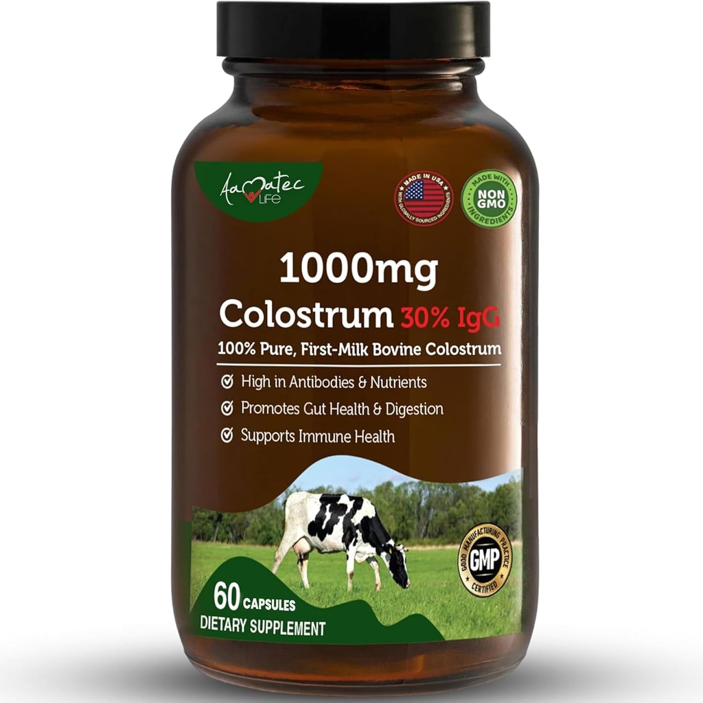 Bovine Colostrum Capsules 1000mg Capsules with Lactoferrine Supplement, Bovine Colostrum Supports Immuun System, Gut Health & Respiratory System - 60 Bovine Colostrum Capsules by Aamatec Life