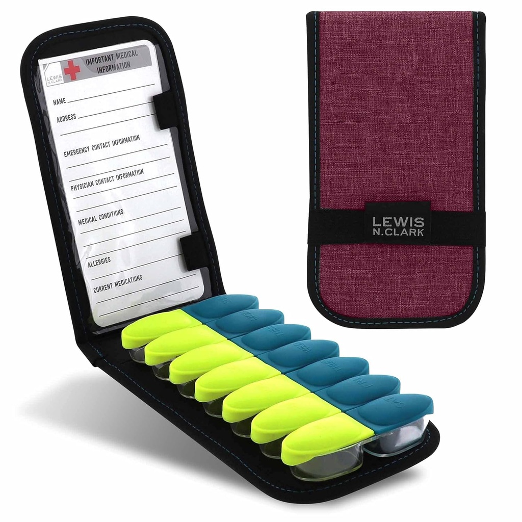 Lewis N. Clark Magnetic Folding Pill Organizer Supplement Case for OTC Medicine, Prescription Vitamins-14 Slots, Burgundy