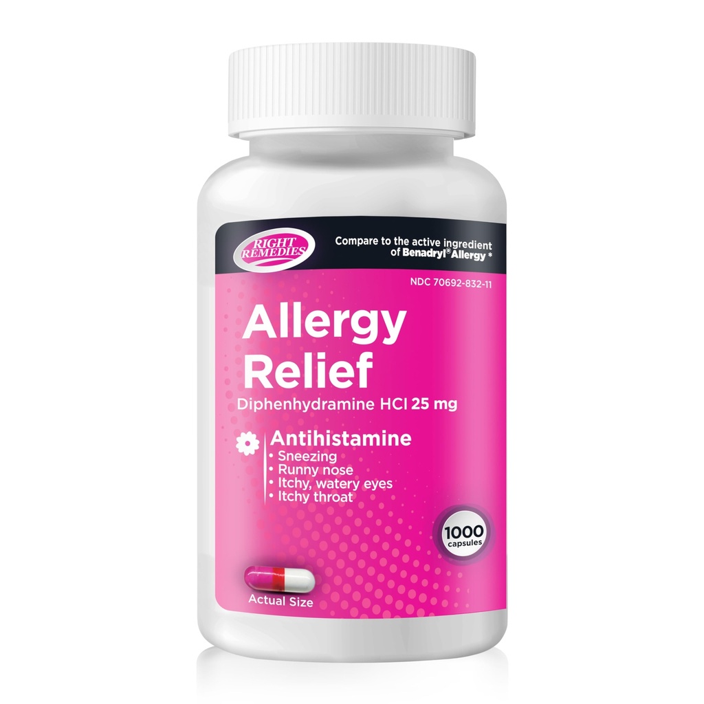 Allergie Relief, Antihistamine, Difenhydramine HCL 25mg, Verlicht Seizoensgebonden Indoor of Outdoor Allergieën, Runny Neus, niezen Allergie Relief (1000 Capsules)