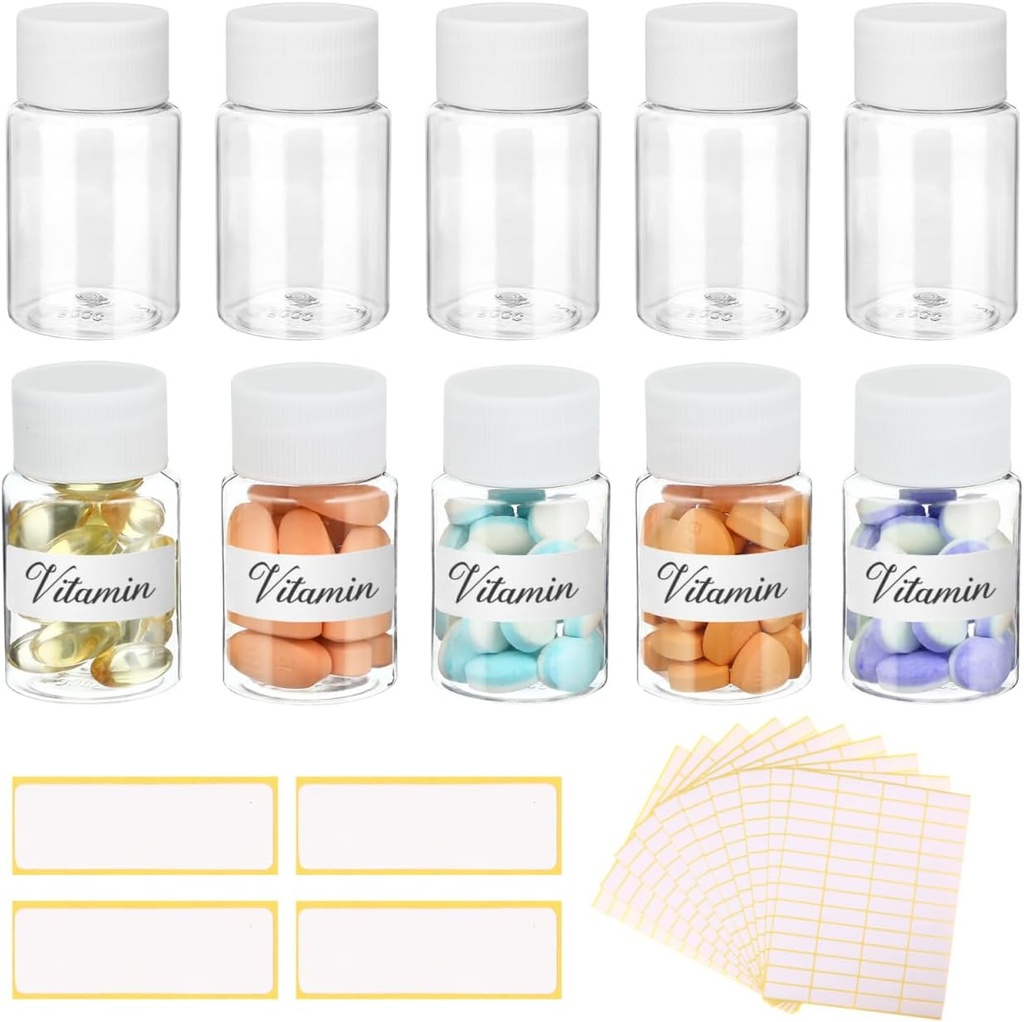 10Pcs Pill flessen met lege etiketten - 30ml Medicine Containers met schroefdopjes- Plastic Lege kleine pil Container Leak-Proof Clear Sample Jar voor Dispense voor vloeibare vaste naam Stickers